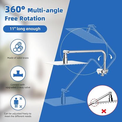10" Metal Rainfall Shower Head with 10-Mode Handheld, Chrome | NSF/ANSI/CAN 372 Certified, High Pressure Showerhead Combo with 11" Adjustable Shower Arm, 71" Hose, Shower Head Holder