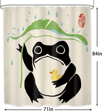 LGhtyro Funny Frog Shower Curtain Bathroom Set 71Wx84H Inches Asian Traditional Art Japanese Duck Extra Long Bath Accessories Cute Animal Taking Lotus Leaf Rain Art Home Decor Fabric 12 Pack Hooks