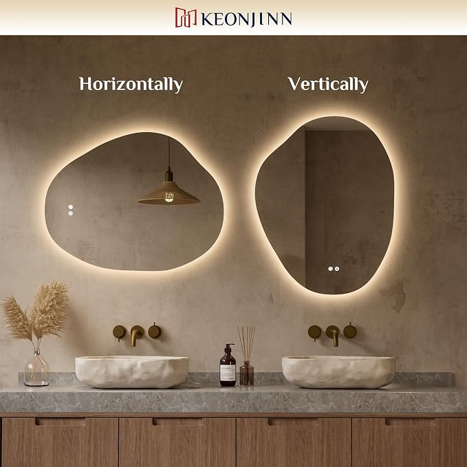 Keonjinn Irregular Bathroom Mirror with Lights 48" x 30", Tempered Glass | Asymmetrical Backlit Bathroom Mirror, Stepless Dimmable with 3 Colors, Fast Defogging, Memory Function, Plug-in/Hardwired