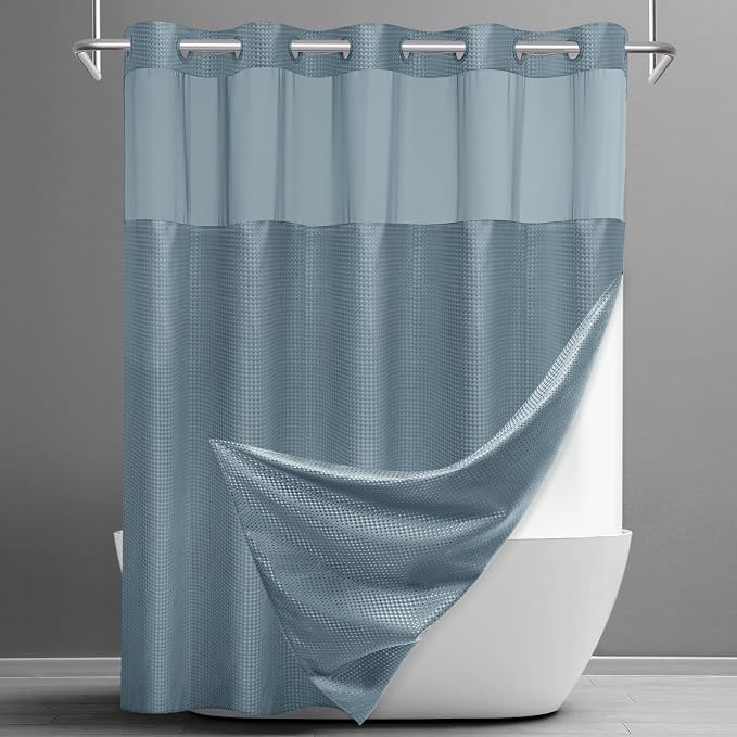 SORTTO No Hook Shower Curtain with Snap in Liner Set Waffle Shower Curtain for Bathroom Hotel Style Fabric Waterproof Inner Liner，71" W x 74" H, Stone Blue