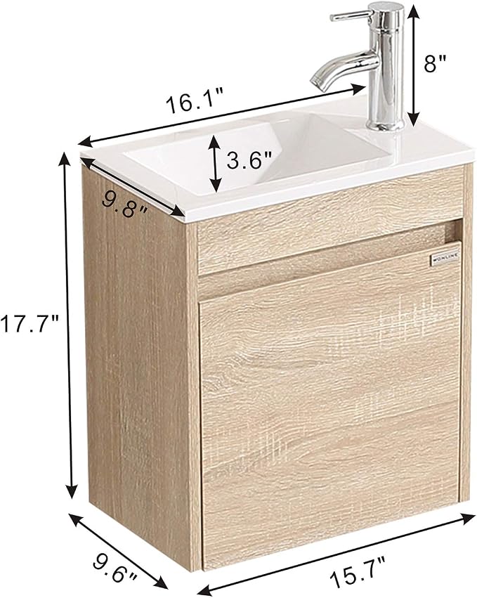 wonline 16" Single Sink Bathroom Vanity, Floating Modern Bathroom Vanity with Sink for Small Space