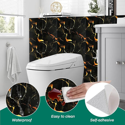 12pcs Black and Gold Peel and Stick Tiles 23.6"x11.8" Waterproof Heat Resistant Self Adhesive Removable PVC Wall Panels for Kitchen Backsplash, Bathroom, Laundry Room (Not Real Tile, Not for Floor)