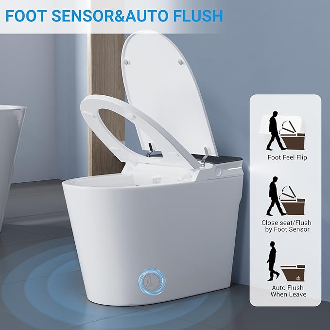 Smart Toilet with ADA Height, Bidet Built-In, Off-Seat Auto Flush, Foot-Sensor, Instant Hot Water and Warm Air Drying, LED Display, Toilet with Light Strip