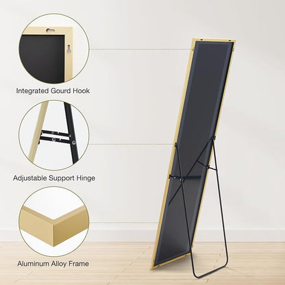 DUMOS Gold Full Length Mirror 59"x16.5" Full Body Floor Mirror for Bedroom or Cloakroom, Can Stand Alone, Hang or Lean Against Wall, Tall Wall Mirrors with Stand and Sleek Aluminum Alloy Thin Frame
