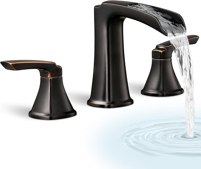 Waterfall Bathtub Faucet Oil Rubbed Bronze, Brass Bath Tub Faucet Set 3 Hole, 8 Inch High Flow Roman Tub Faucet, 2 Handle Deck Mount Bathtub Faucets Widespread with Water Hose for Farmhouse