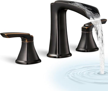 Waterfall Bathtub Faucet Oil Rubbed Bronze, Brass Bath Tub Faucet Set 3 Hole, 8 Inch High Flow Roman Tub Faucet, 2 Handle Deck Mount Bathtub Faucets Widespread with Water Hose for Farmhouse