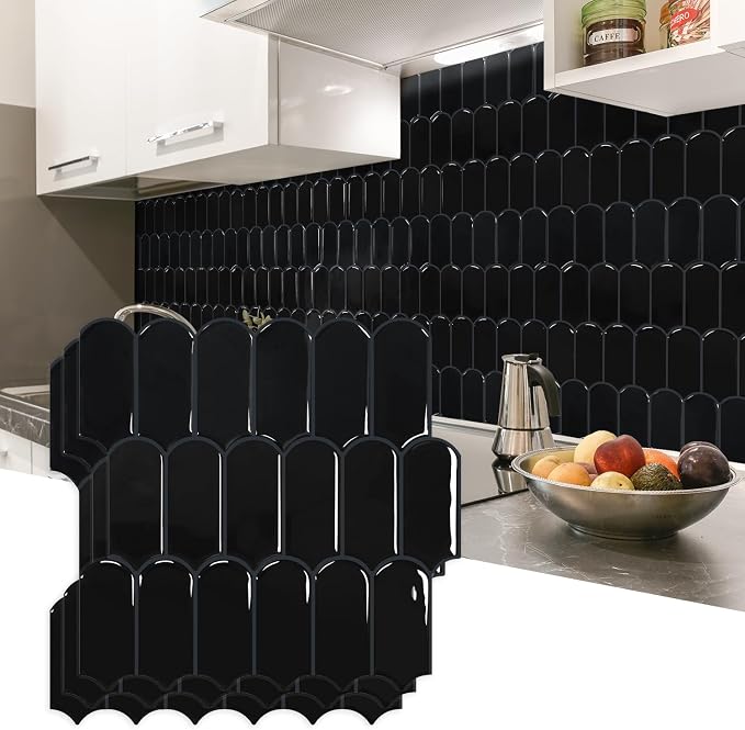 Vamos Tile Peel and Stick Backsplash,Thicker Design, Black,10 Sheets | Self Adhesive Vinyl Wall Tiles with Dark Gray Grout, Stick on Backsplash for Kitchen, Bathroom, RV