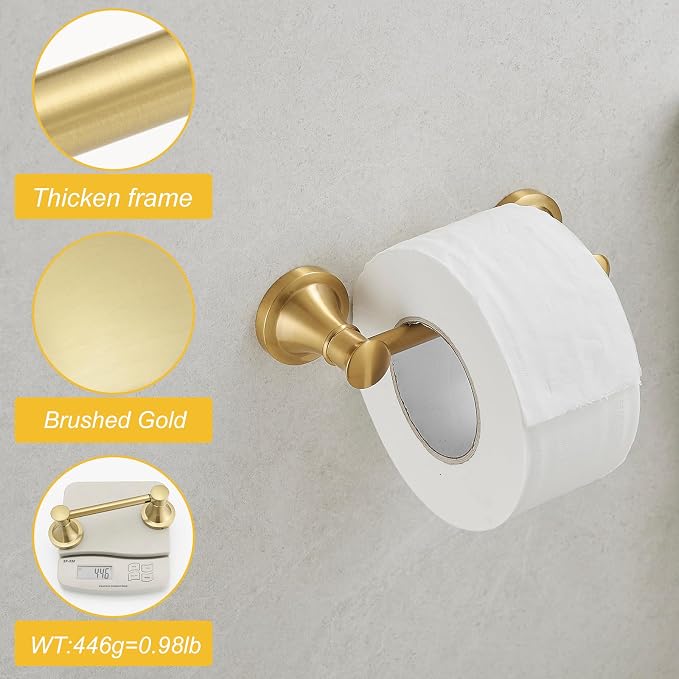 Bathroom Toilet Paper Holder Wall Mount Tissue Holder Brushed Gold | Rustproof Toilet Tissue Roll Holder, Flexible Double Post Pivoting Handle, Bathroom Accessories SUS304 Stainless Steel