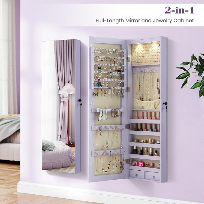NAFORT 2 LEDs Full Length Mirror with Jewelry Armoire, Jewelry Organizers and Storage with 2 Mounting Options, 47.5”H Jewelry Cabinet with 2 Drawers, Make up & Lockable Jewelry Box, Purple