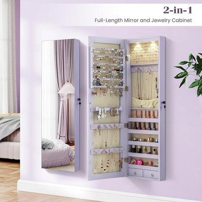 NAFORT 2 LEDs Full Length Mirror with Jewelry Armoire, Jewelry Organizers and Storage with 2 Mounting Options, 47.5”H Jewelry Cabinet with 2 Drawers, Make up & Lockable Jewelry Box, Purple