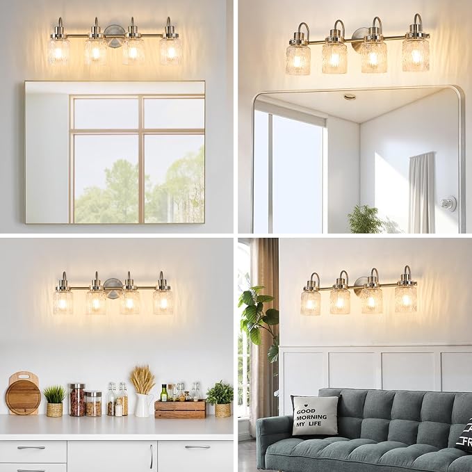 4 Lights Bathroom Vanity Light, Brushed Nickel Bathroom Light Fixtures with Hammered Glass Lampshade for Dressing Table,Over Mirror,Hallway