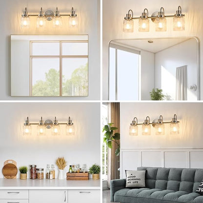 4 Lights Bathroom Vanity Light, Brushed Nickel Bathroom Light Fixtures with Hammered Glass Lampshade for Dressing Table,Over Mirror,Hallway