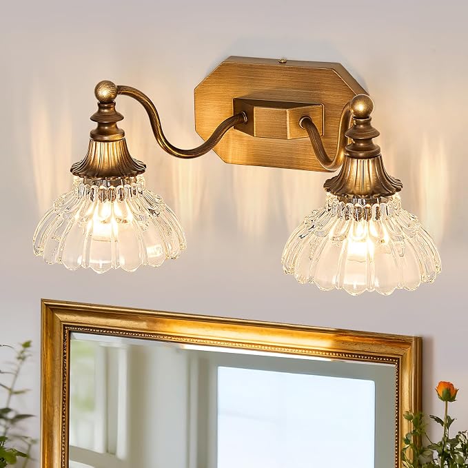 hesoge Vintage Bathroom Light Fixture Antique Brass Vanity Light with Crystal Glass Shade Brushed Gold 2-Light Bathroom Light Over Mirror