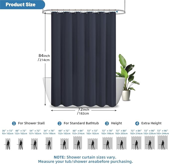2-in-1 Waterproof Fabric Shower Curtain - No Separate Liner Needed, Hotel-Style Waffle Weave, Effortless Cleaning & Washable Bathroom Shower Curtain Set,72Wx84H,Navy Blue