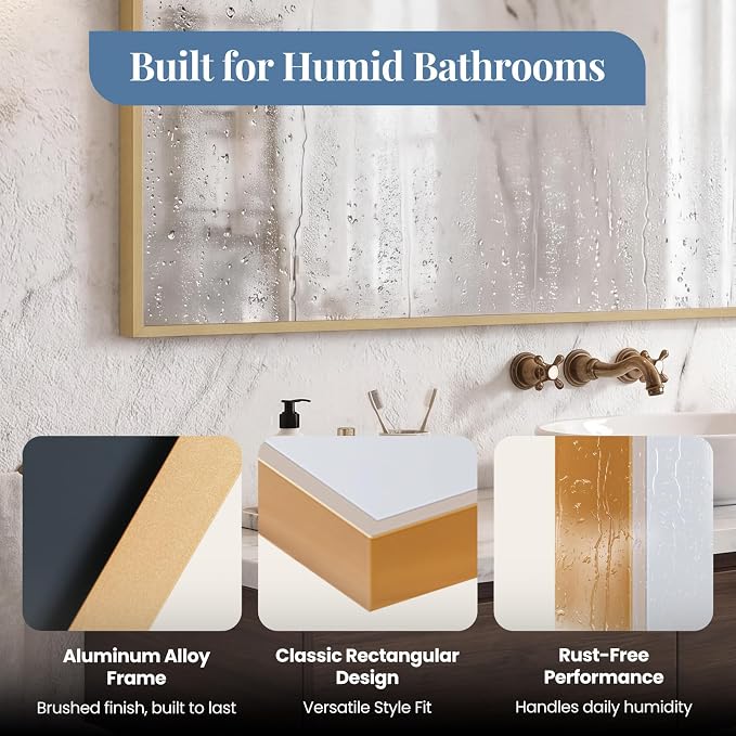 NEWBULIG Bathroom Wall Mirror, Vanity Mirror, 30x40 Inch | Rectangle Metal Frame, Tempered Glass, Over Sink Entryway, Living Room Hang, Horizontal or Vertical, Gold