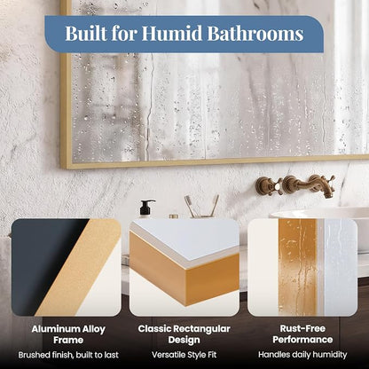 NEWBULIG Bathroom Wall Mirror, Vanity Mirror, 30x40 Inch | Rectangle Metal Frame, Tempered Glass, Over Sink Entryway, Living Room Hang, Horizontal or Vertical, Gold