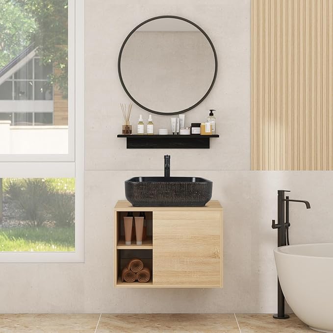 YOURLITE 24" Floating Bathroom Vanity, Wall-Mounted Bathroom Vanity and Sink Combo with Mirror and Faucet & Pop Up Drain Set, Black Vessel Sink
