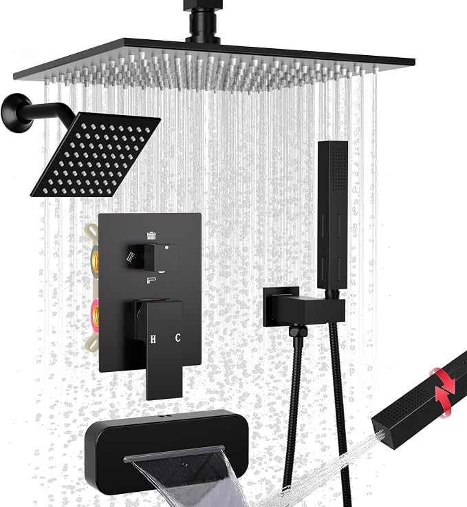 Enga Dual Shower Head System with Tub Spout, Ceiling Mount 10 Inch Shower Head with 6 Inch Wall Mount Shower Head, 4 Way Diverter Shower Faucet with 2 in 1 Handheld, Matte Black
