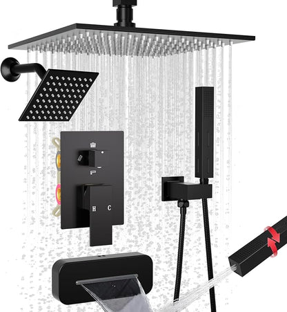 Enga Dual Shower Head System with Tub Spout, Ceiling Mount 10 Inch Shower Head with 6 Inch Wall Mount Shower Head, 4 Way Diverter Shower Faucet with 2 in 1 Handheld, Matte Black