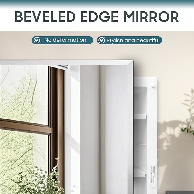 16x20 Plastic Medicine Cabinet with Mirror, Recessed or Surface Mount | 2 adjustable shelves, beveled mirror, soft-close reversible door, 95% assembled; cutout 13.8"W x 17.9"H x 3"D