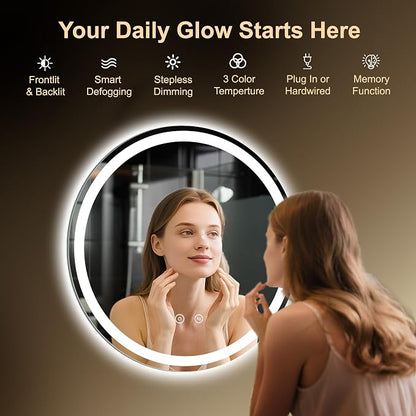 20 Inch Round LED Bathroom Mirror with Lights, Circle Lighted Vanity Mirror | Smart Anti-Fog, Dimmable 3 Color Modes, Backlit+Frontlit, Memory Function, HD Tempered Glass, Touch Sensor