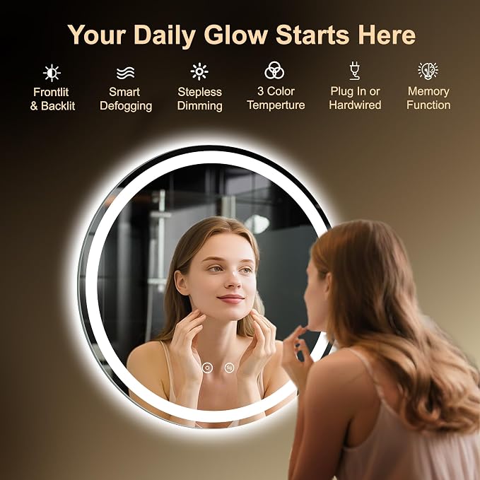 36 Inch Round LED Bathroom Mirror with Lights, Circle Lighted Vanity Mirror | Smart Anti-Fog, Dimmable 3 Color Modes, Backlit+Frontlit, Memory Function, HD Tempered Glass, Touch Sensor