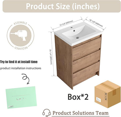 24" Bathroom Vanity with Sink, 24 Inch Freestanding Vanity with 3 Drawers, Single Resin Sink Floor Stand Cabinet Set Imitative Oak (Space-Saving for Small Bathrooms)