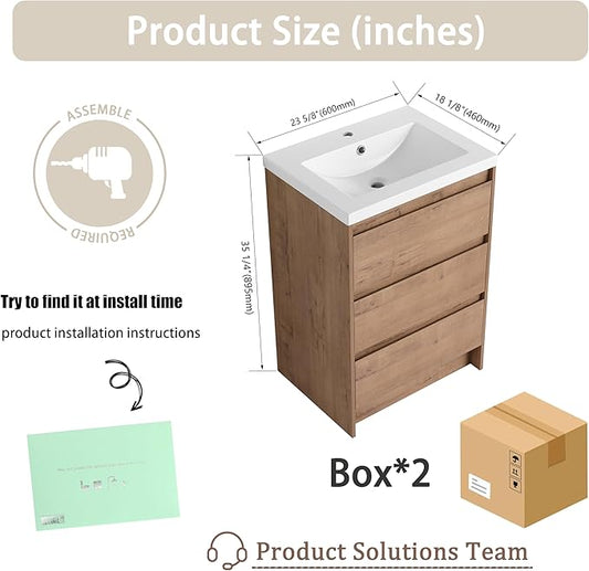 24" Bathroom Vanity with Sink, 24 Inch Freestanding Vanity with 3 Drawers, Single Resin Sink Floor Stand Cabinet Set Imitative Oak (Space-Saving for Small Bathrooms)