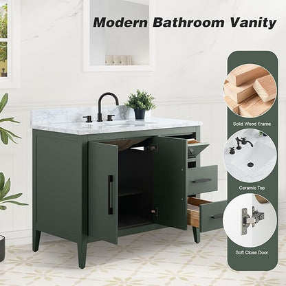 HomeBeyond 42 Inch Bathroom Vanity with Sink & Ceramic Top, Single Vanity Cabinet with Basin, Soft-Closing Doors & Matte Black Hardware, Vintage Green