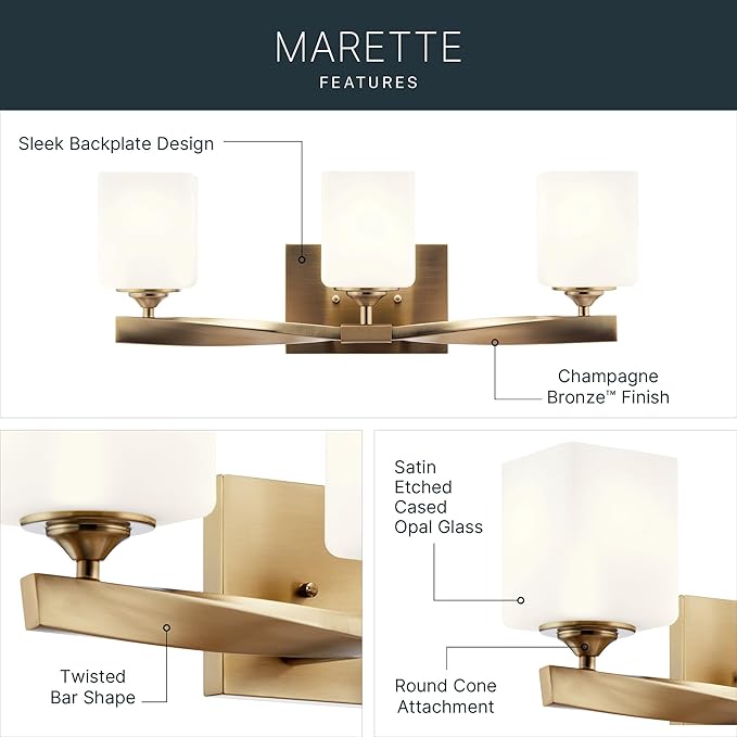 Kichler Marette 23 inch 3 Light Vanity Light with Satin Etched Cased Opal Glass in Champagne Bronze for Bathroom and Powder Room, (23" W x 8.25" H x 6" Ext), 55002CPZ