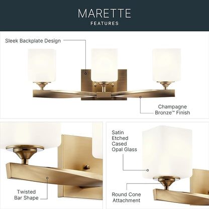 Kichler Marette 23 inch 3 Light Vanity Light with Satin Etched Cased Opal Glass in Champagne Bronze for Bathroom and Powder Room, (23" W x 8.25" H x 6" Ext), 55002CPZ