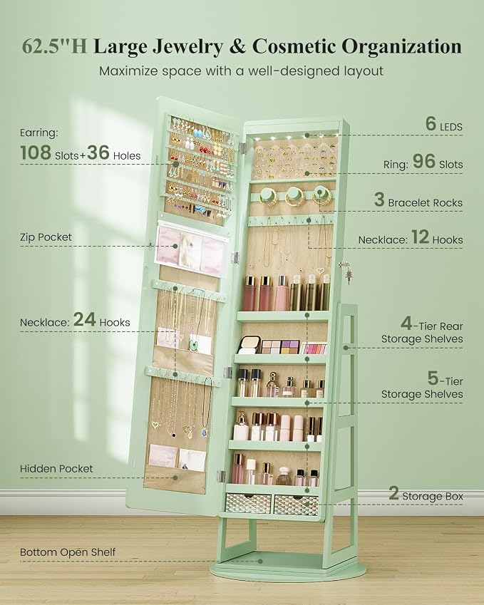 LVSOMT Standing Jewelry Mirror Organizer 6 LED Swivel Jewelry Cabinet Green | Framelss Full Length Mirror with Jewelry Storage, Lockable Jewelry Armoire with 4 Rear Shelves and Hooks for Women Gift