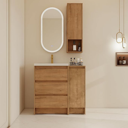 36" Bathroom Vanity Set, 36 Inch Modern Freestanding Vanity with 3 Drawers and Wall-Mounted Side Cabinet, Single Resin Sink Floor Stand Cabinet Set Imitative Oak