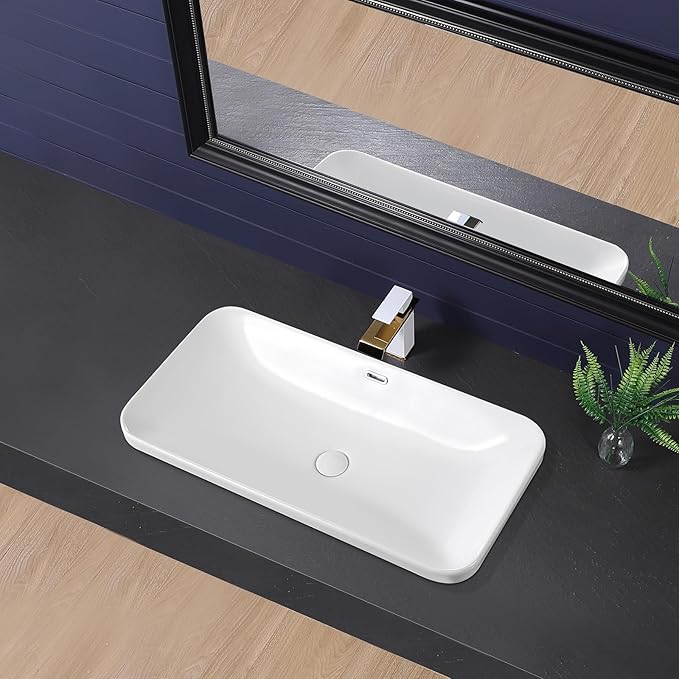 Vessel Sink 32"x17" Semi Recessed Bathroom Sink Drop-in White Bathroom Sink Porcelain Ceramic Modern Rectangular Sinks Drop-in Vanity Sinks with Overflow for Bathrooms