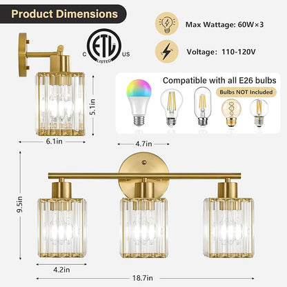 3 Light Bathroom Light Fixtures, Modern Crystal Vanity Lights over Mirror | Metal Frame, Bathroom Light with Square Crystal Shade, ETL Certified, E26 Ceramic Socket, Bulbs Not Included