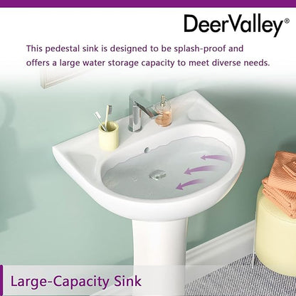DeerValley Ally 20x16.54 Inch U-Shape White Ceramic Pedestal Sink with Overflow, Modern Bathroom Pedestal Sink, DV-1P525