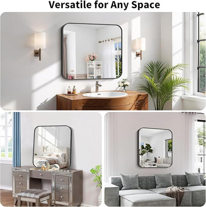 Koonmi Black Framed Bathroom Mirror - 28x32 Inch Shatterproof Tempered Glass Vanity Mirror for Bathroom Sink, Wall Mounted with Matte Aluminum Alloy Frame, No Distortion, Modern Decor