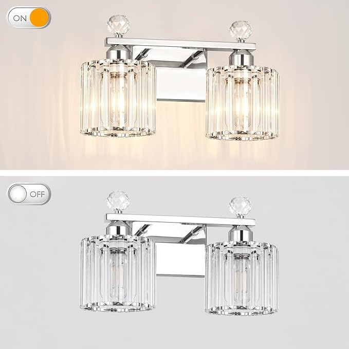 Lxybcce Modern Crystal Bathroom Vanity Light, 14In 2-Lights Bathroom Light Fixtures, Chrome Vanity Light Fixtures Over Mirror, Easy Installation & Shadow-Free Illumination for Bathroom Mirror Decor
