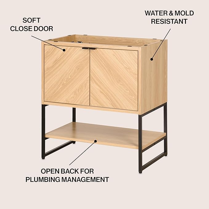 JONATHAN Y VAN1014A Juhl 30 in. W x 18 in. D x 33 in. H Chevron-Front Modern Minimalist 2-Shelf Bathroom Vanity Cabinet Only with Soft Closing Doors (Sink Basin Not Included), Oak