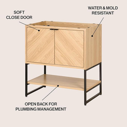 JONATHAN Y VAN1014A Juhl 30 in. W x 18 in. D x 33 in. H Chevron-Front Modern Minimalist 2-Shelf Bathroom Vanity Cabinet Only with Soft Closing Doors (Sink Basin Not Included), Oak