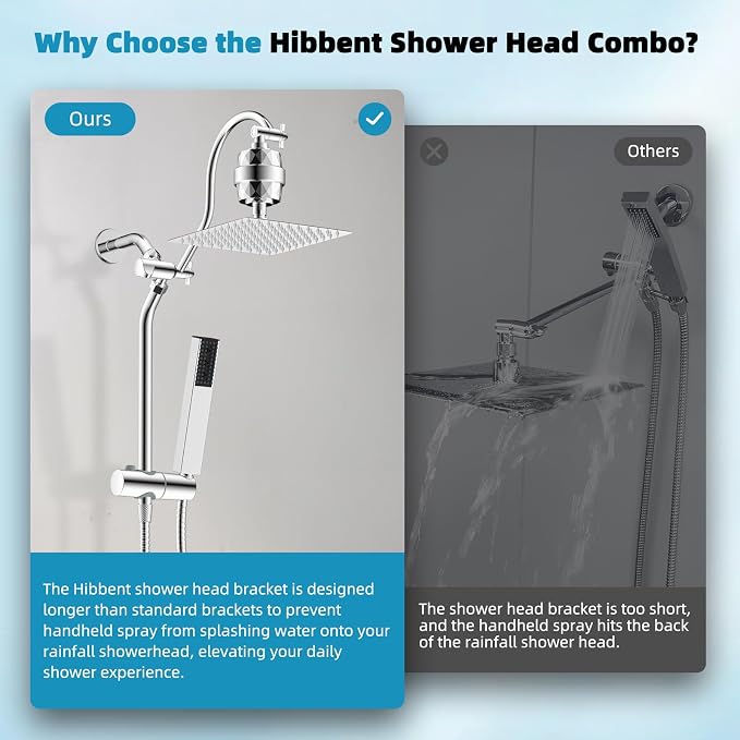 Hibbent 10'' Filtered Shower Head with 4-mode Handheld Shower Spray, Chrome | High Pressure Showerhead Combo, 12'' Adjustable Extension Arm, Shower Filter, Extension Bar, Easy Reach Holder, 71'' Hose
