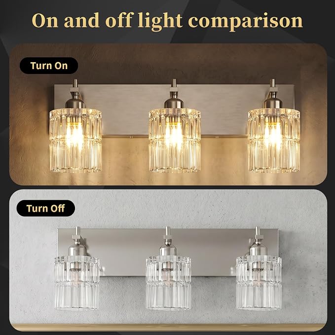 OCIOC Brushed Nickel Bathroom Light Fixtures, 3-Lights Bathroom Vanity Light with Glass Shades, Modern Vanity Lights for Mirror, Wall Lights for Living Room, Hallway, Kitchen, E26 Base