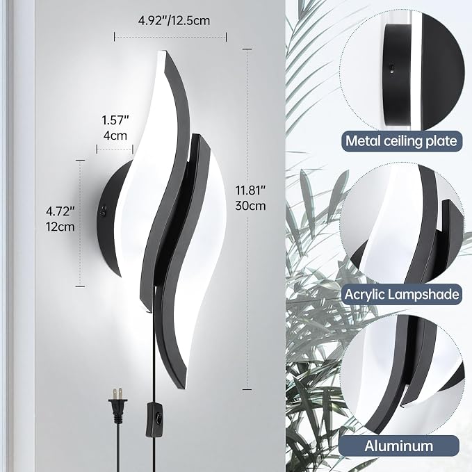 CANEOE Plug in Wall Sconces Set of Two 6000K Black Modern LED Wall Light Fixtures Acrylic Wall Sconce Lighting for Living Room Bedroom Bedside Bathroom Hallway Stairway Wall Lamp