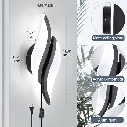CANEOE Plug in Wall Sconces Set of Two 6000K Black Modern LED Wall Light Fixtures Acrylic Wall Sconce Lighting for Living Room Bedroom Bedside Bathroom Hallway Stairway Wall Lamp