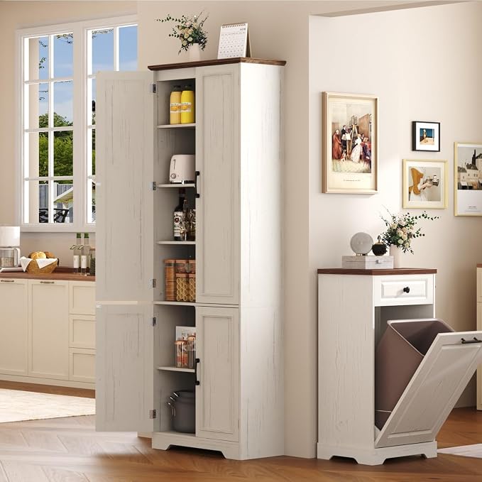 Function Home 72" Kitchen Pantry Cabinet, Tall Wood Farmhouse Storage Cabinet with Doors and Adjustable Shelves, 6 Tier Freestanding Cupboard for Kitchen Dining Living Room Bathroom, Antique White