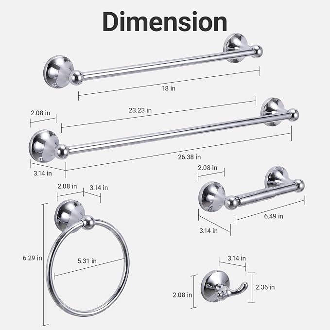 24-Inch Wall Mounted Towel Racks for Bathroom – Space Saver 5-Piece Durable Stainless Steel Bathroom Hardware Set with Towel Bar, Towel Ring, Toilet Paper Holder & Hook, Chrome