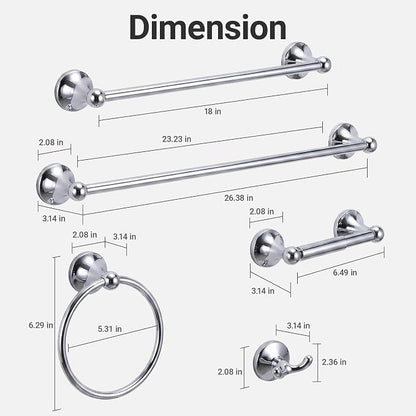 24-Inch Wall Mounted Towel Racks for Bathroom – Space Saver 5-Piece Durable Stainless Steel Bathroom Hardware Set with Towel Bar, Towel Ring, Toilet Paper Holder & Hook, Chrome