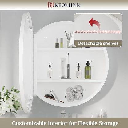 Keonjinn 24 Inch White Round Medicine Cabinet with Mirror, Rust Resistance | Circular Surface Mount Medicine Cabinets for Bathroom, Shatter-proof, Smooth Piano Hinge, Metal Frame, Magnetic Door Bumper