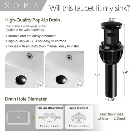 Matte Black Bathroom Faucet Waterfall Bathroom Sink Faucets Single Handle Single Hole Lavatory Washbasin Faucet with Pop Up Drain, Modern Vanity Sink Faucet