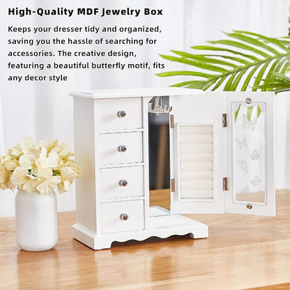 Vintage Wood Jewelry Box with 4 Drawers, Desktop Jewelry Organizer with Glass Door & Mirror, Necklace Ring Storage Display Case Built-in Necklace Carousel (White, Butterfly, 4 Drawers)